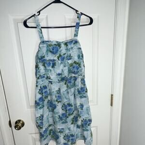 Abercrombie Kids Girls Blue Green Floral Smocked A-Line Dress 17/18 Square Neck